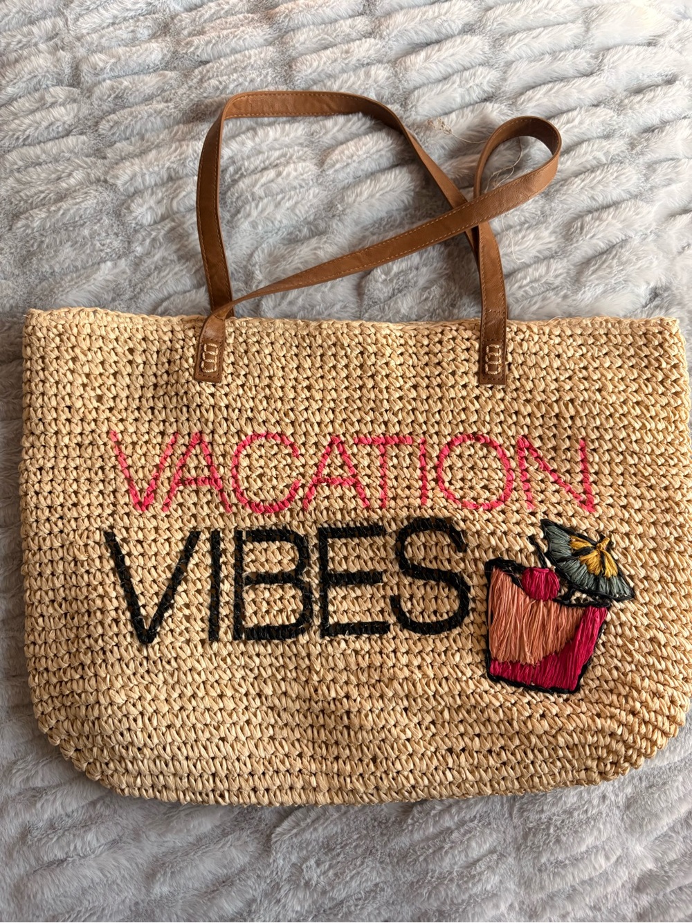 Vacation Vibes Straw Tote Bag with Pink and Black Embroidery